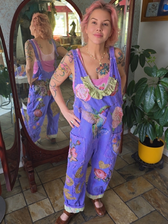 Free People Pants - Free People + Me, Purple Floral & Hummingbird Overalls Jumpsuit